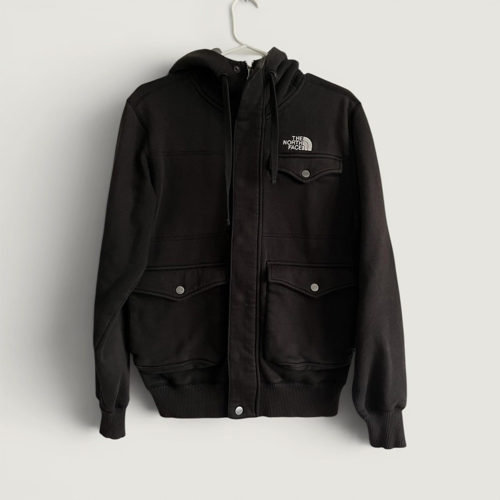 The North Face Hoodie Mens Small Black Full Zip‎ Fleece Jacket Snap Pockets Logo